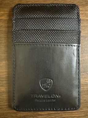 Travelon Black Leather RFID Card Sleeve with Woven Back